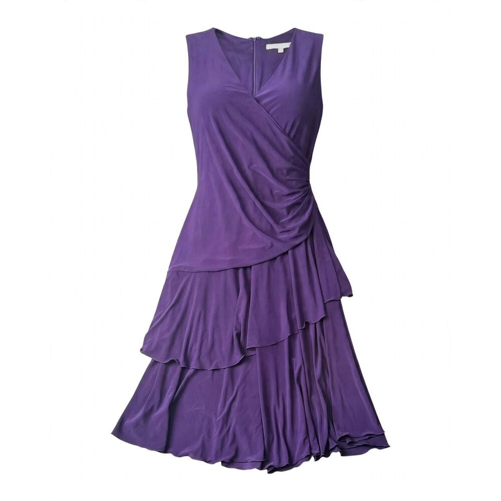 Women's Purple Sleeveless Layered Ruched V-Neck Lined Knee Length A-Line Dress L